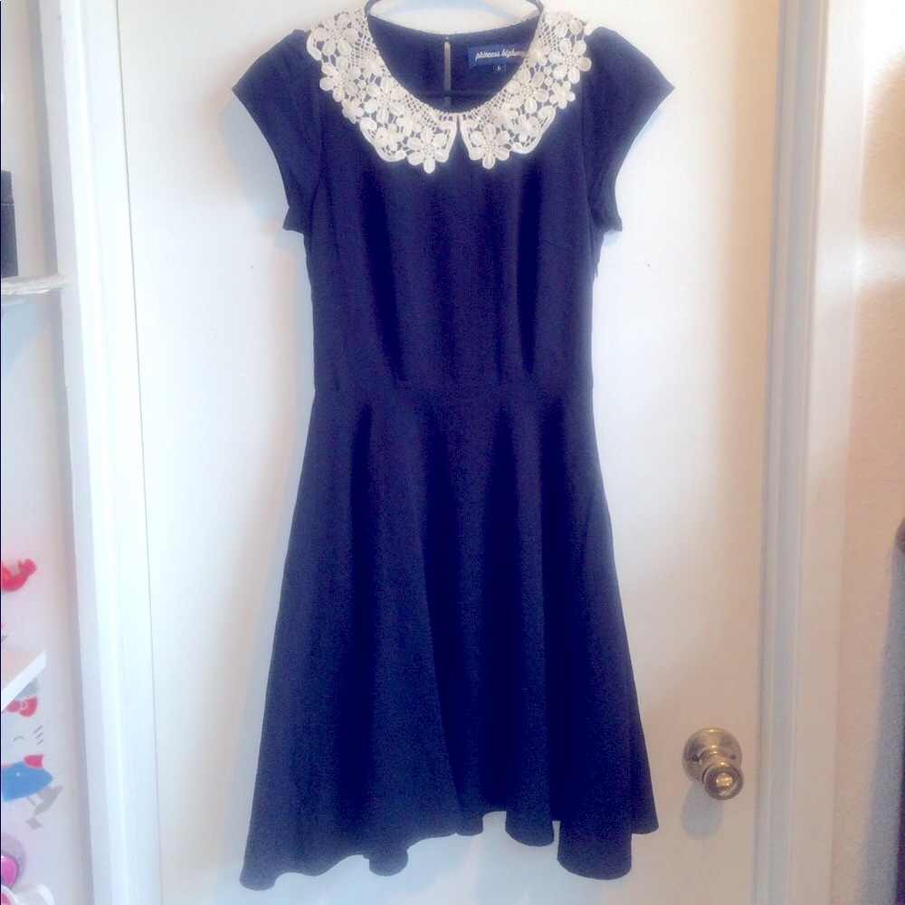 Navy Blue Dress with Lace Collar